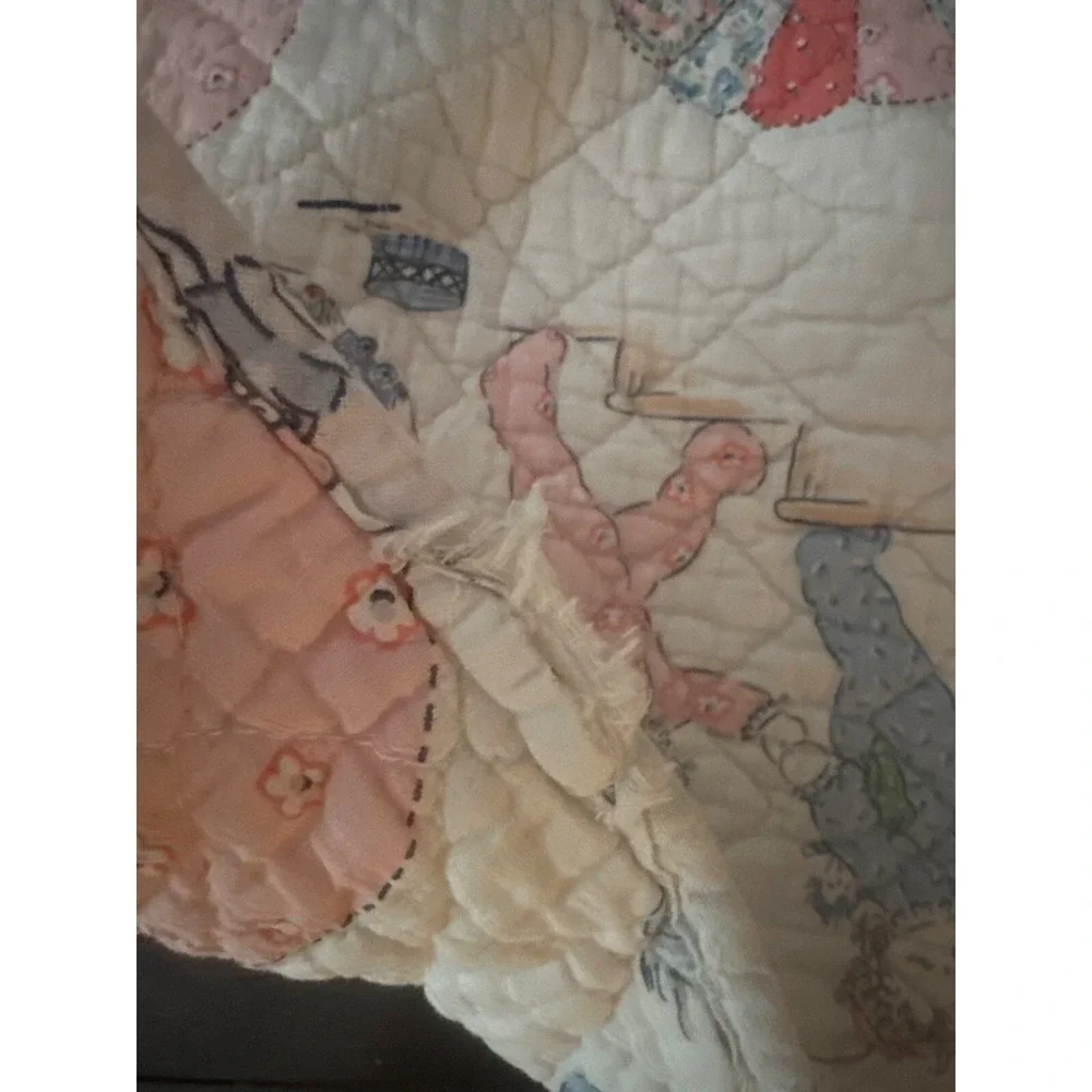 Vintage Handmade Baby Crib Quilt With Nursery Rhyme Pattern & Scalloped Edges